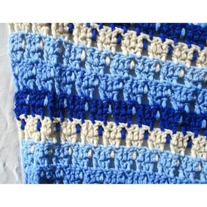 Vintage Handmade Crocheted Afghan Throw 52x50 Blue & Cream Stripes Fringe Boho